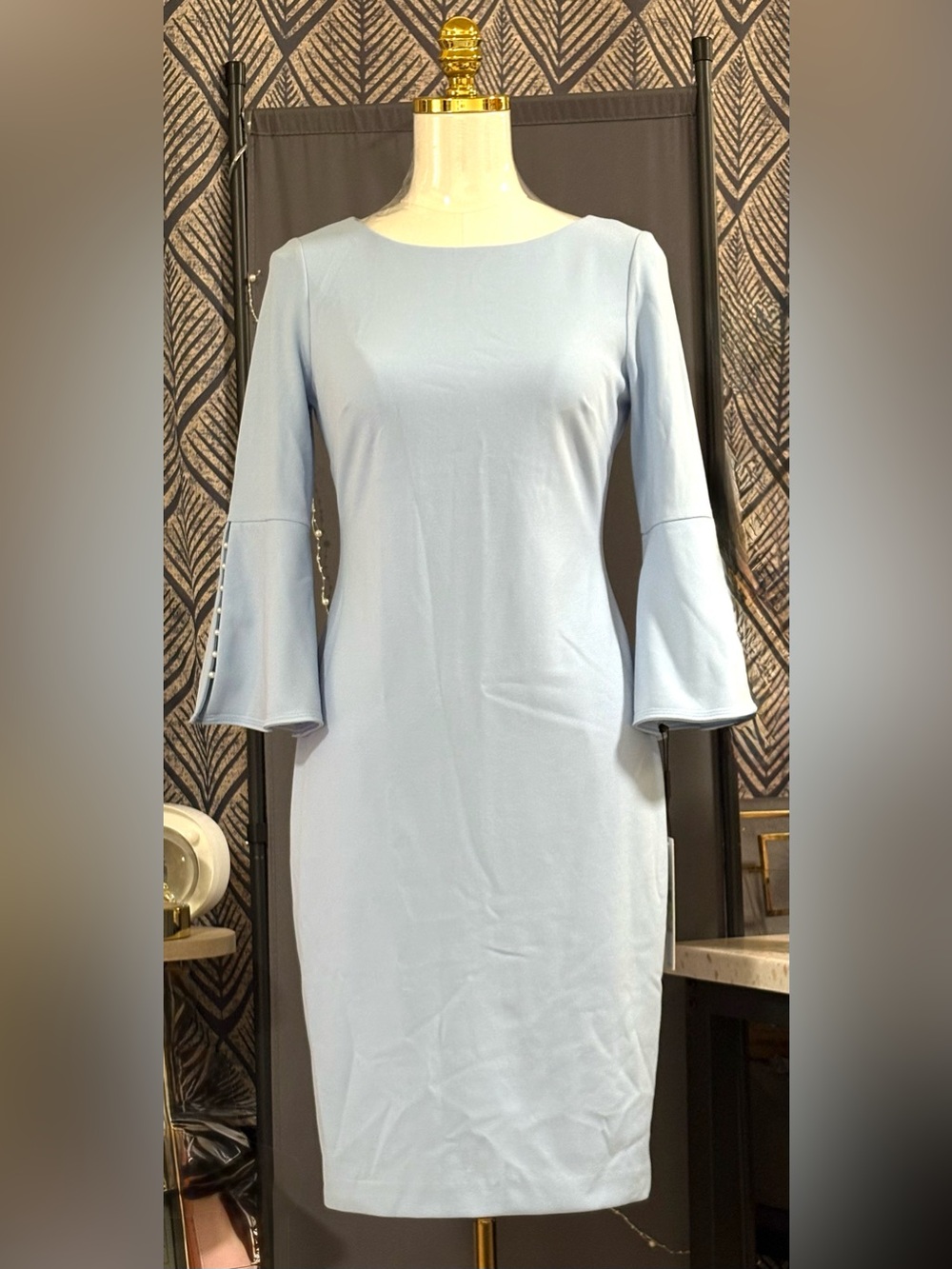 Calvin Klein Women's Solid Sheath with
Detailed Bell Sleeve Dress Sky Blue Size4